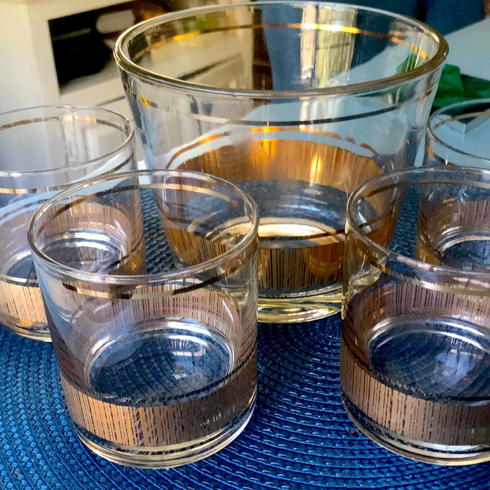 Vintage 14K Gold trimmed ice bucket with matching 5 highball glasses